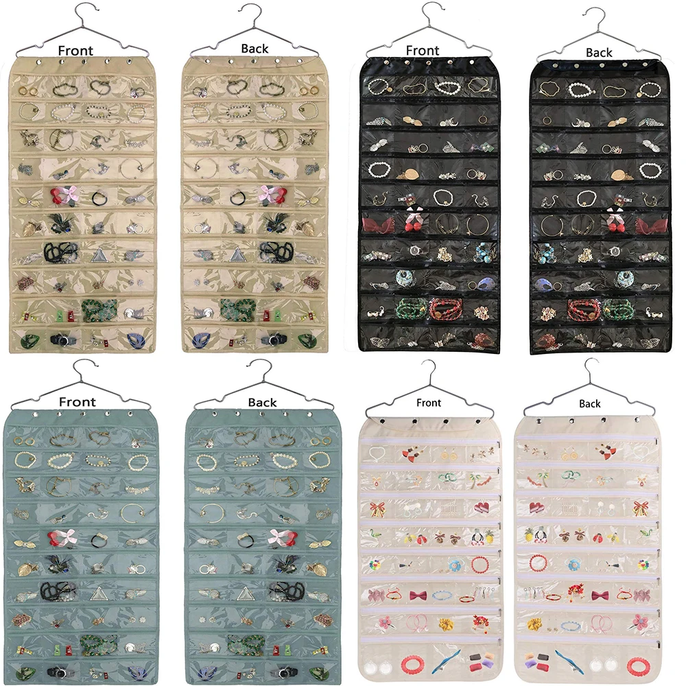 

Hanging Jewelry Organizer Double Sided 56 Pockets With Zippered & Hanger Pockets Necklace Earrings Necklace Bracelet Ring Holder