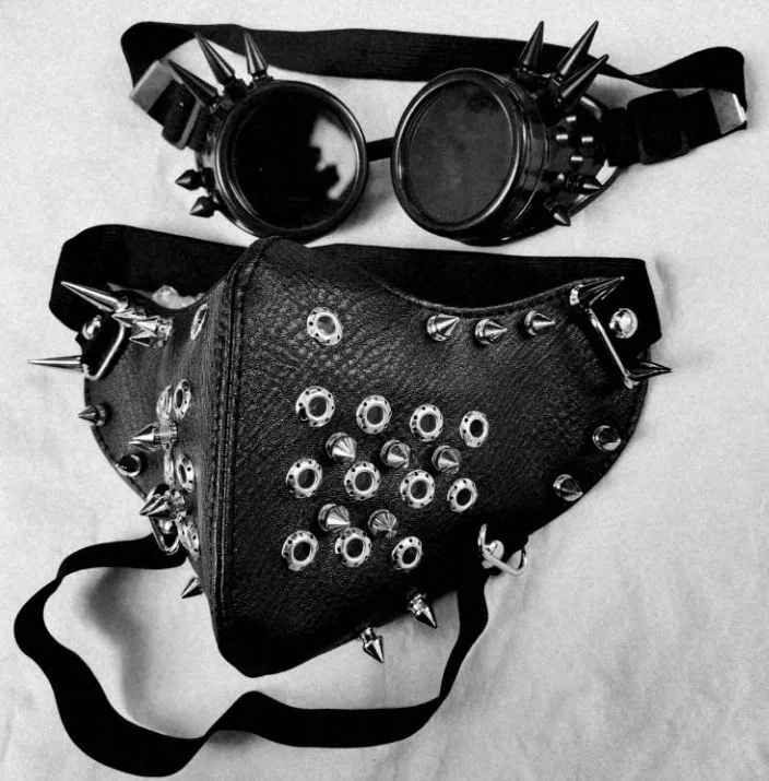 Máscara y gafas de cuero de PU negro con remaches largos, moda Punk, motociclista, Cosplay, antipolvo, remache deportivo, máscara y gafas