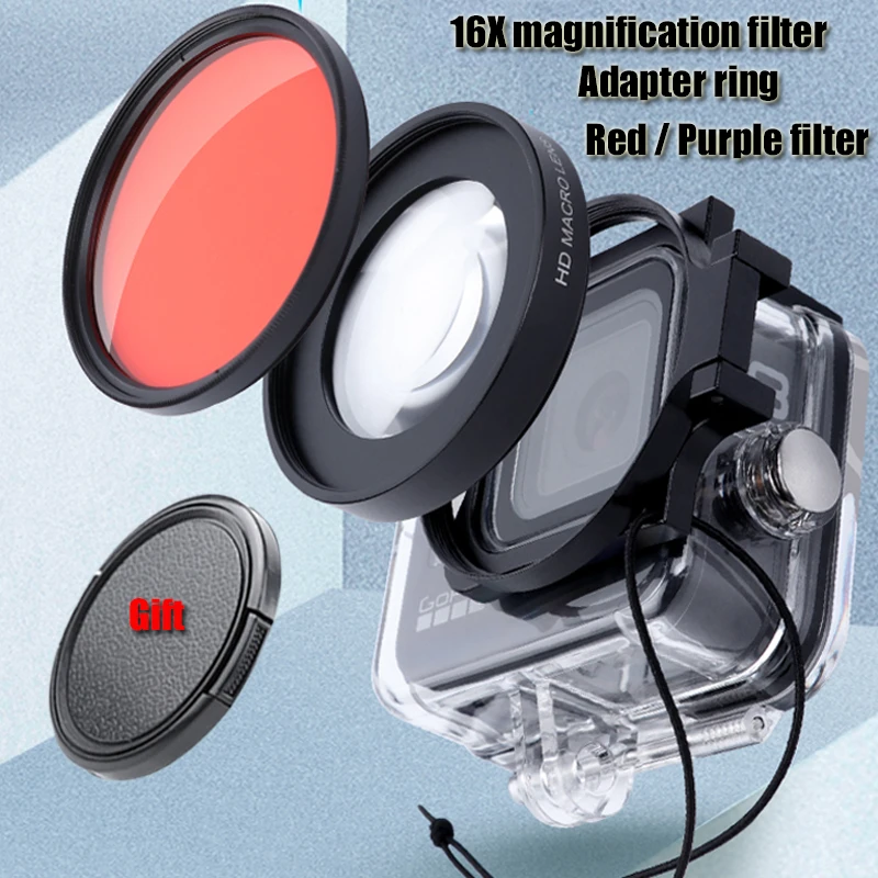 

16X Macro Filter for Gopro 11/10/9 Black Original Waterproof Case Diving Red Purple Filter +Adapter Ring+Lens Cap for Gopro 10/9