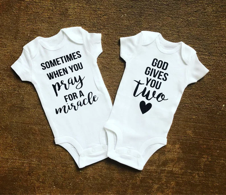 When You Pray For A Miracle God Gives You Two Funny Baby Boys Girls Bodysuits Twins Pregnancy Announcement Twins Outfits Onesies