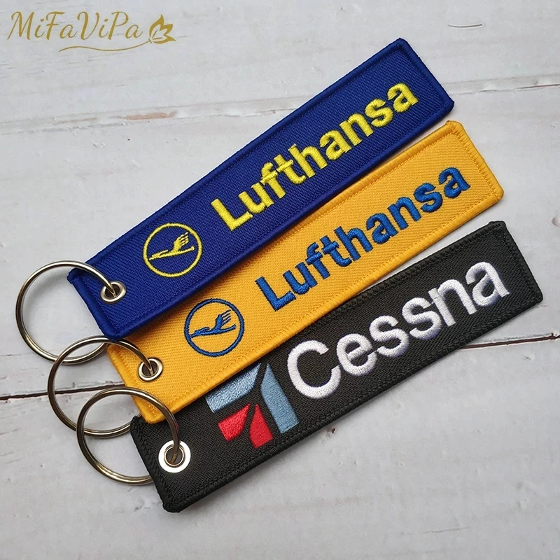 5PCs FLIGHT CREW Lufthansa Keychain New Fashion Trinket Phone Strap Black Embroidery CESSNA Key Chain for Aviation Gift Key Ring