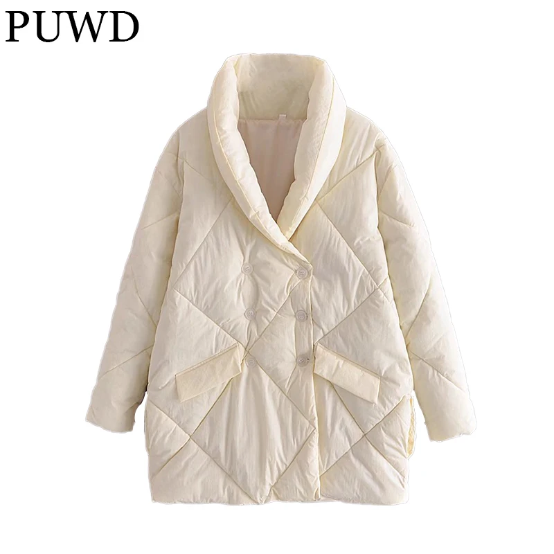 PUWD Casual Women Diamond Check Long Cotton Jacket 2021 Autumn/Winter Street Oversized Solid Parka Trendy Loose Female Outwear