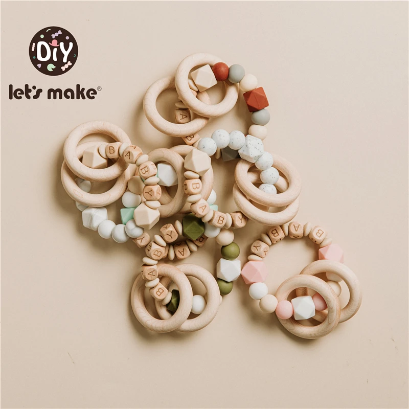 LET'S MAKE-Bracelets en Silicone pour Bébé, Perles en Hêtre TeWindsor, Hochets avec Nom Personnalisé, Cadeau d'Allaitement pour Nouveau-Né, Jouets en Bois, 2020