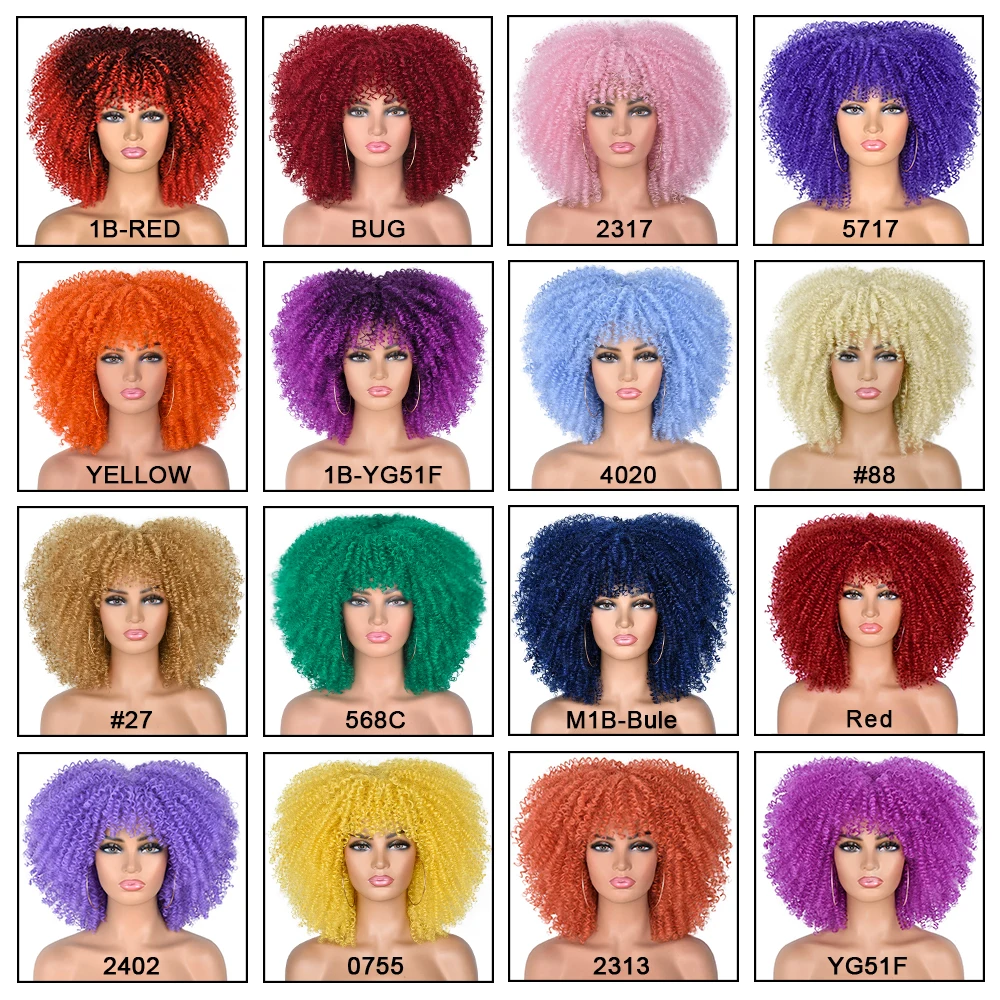 Kurzes Haar afro verworrene lockige Perücken mit Pony für schwarze Frauen synthetische blonde grüne rote Cosplay Perücken hohe Temperatur 14“