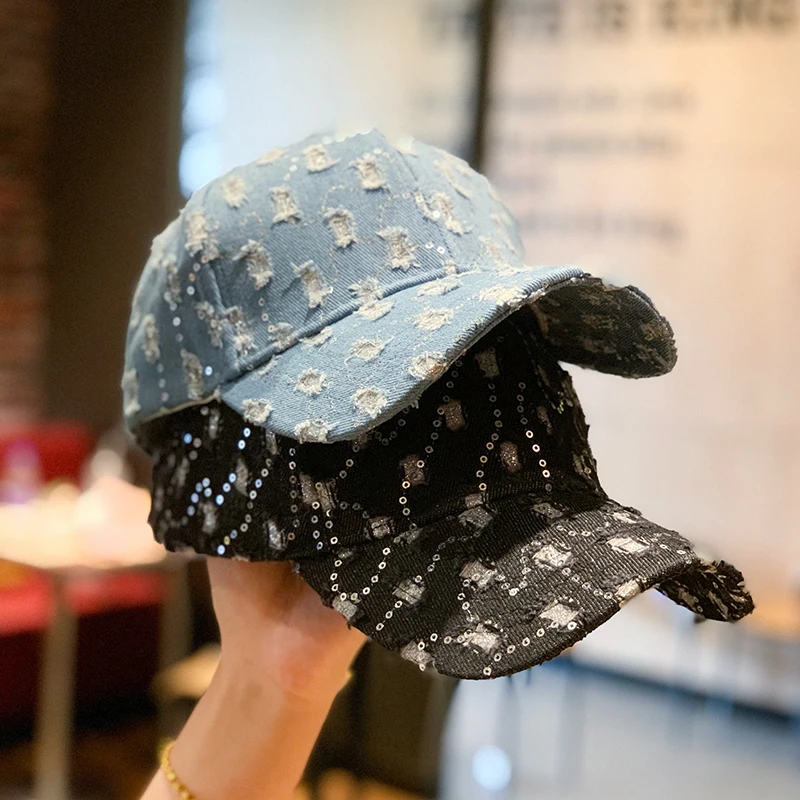 

2021 New Spring and Summer Baseball Caps with Holes and Worn Sequins Cowboy Hats for Ladies Outdoor Street Sunshade Hat