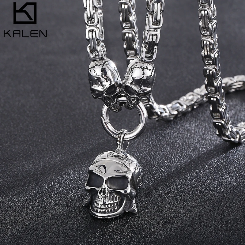 Punk Creative Skull Head Domineering Pendant Stainless Steel Biker Man Personality Beast Double Cross Necklace Birthday Gift