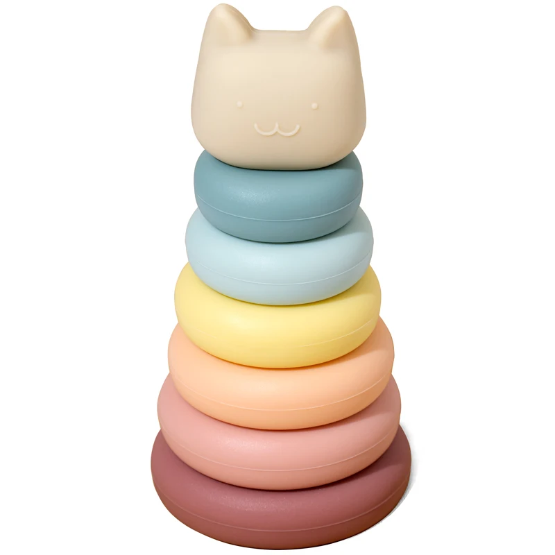 Children\'s Pile Stacking Wooden Toys Baby Teether Chewing Molars Cartoon Educational Toys Food Grade Silicone Material BPA Free