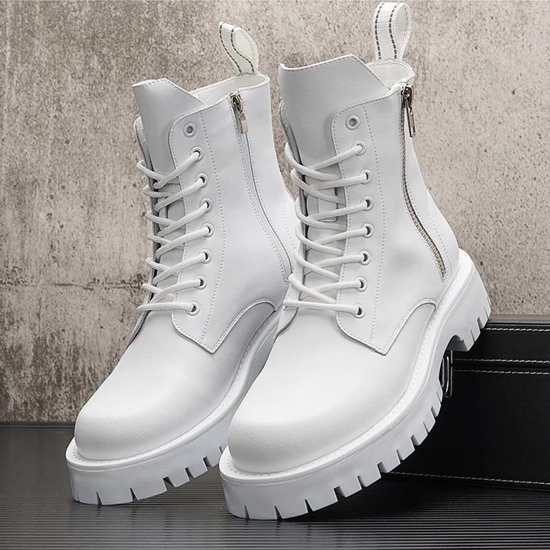 White Men Casual boots Punk High Tops Motorcycle Ankle Boots Height Increasing shoes Zapatillas Hombre