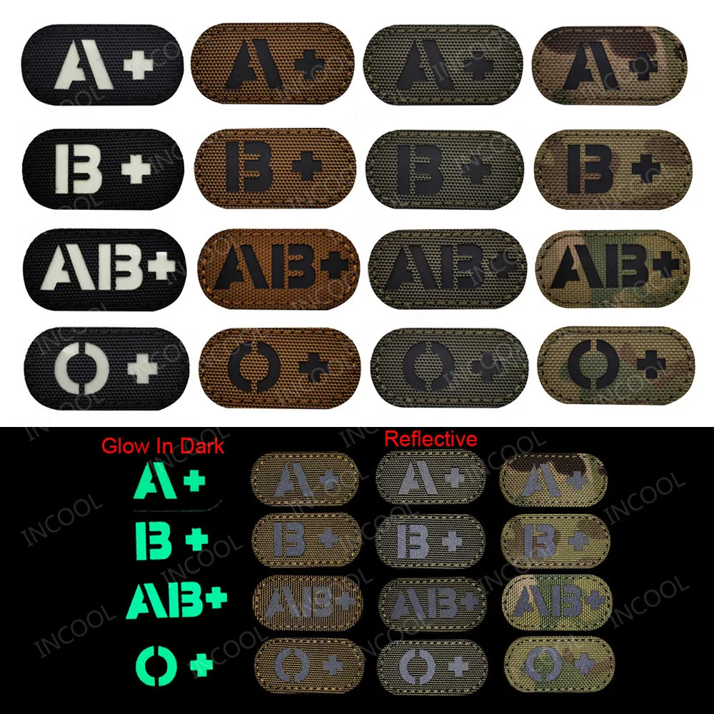 Blood Type Group Infrared IR Reflective Patches A B AB O Positive POS White Glow In Dark Tactical Military Patch Armband Badges