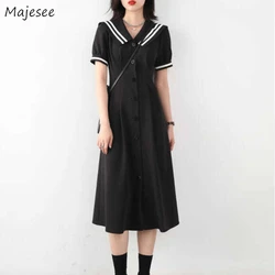 Dress Women Summer Fashion New Leisure Japanese Style Sweet College Vintage A-line Sailor Collar Streetwear Female Vestido Solid