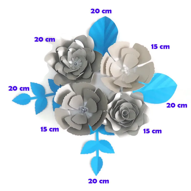 

DIY Giant Paper Flowers Artificial Rose Fleurs Artificielles Backdrop 4pcs+ 4 Leave Wedding Party Decor Nursery Glittered Silver