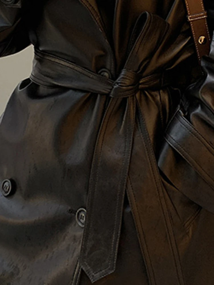 Lautaro Autumn Long Oversized Black Faux Leather Trench Coat for Women Belt Double Breasted Loose Stylish Korean Fashion 2023