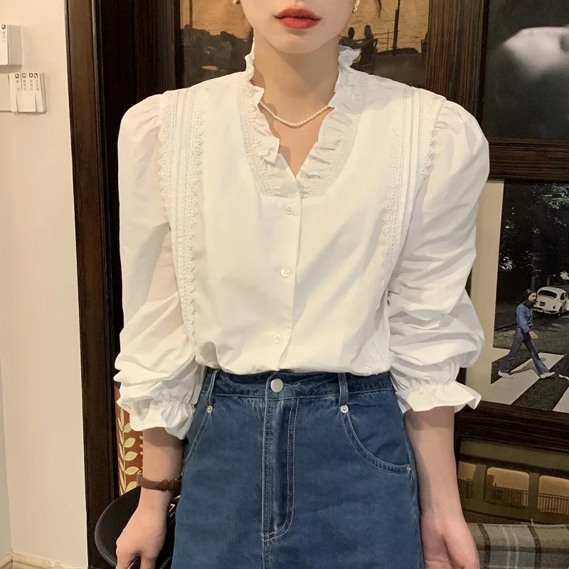 Croysier Tops Women Blouses 2022 Korean Fashion Frill Edge V Neck Long Puff Sleeve Lace Trim Elegant Blouse Top Button Up Shirt