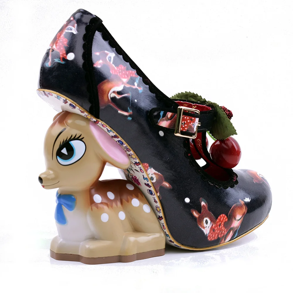 

Womens Real Leather Cherry Irregular Strange High Print Deer Heel Pumps Shoes Luxury DIY Sweet Lolita 2023