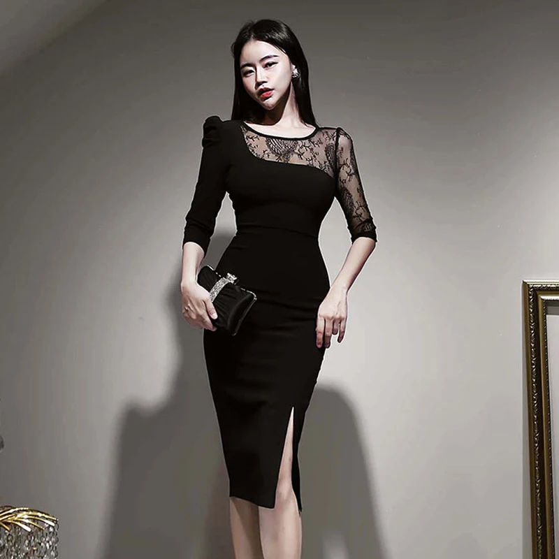 Fashion Korean Vintage O-Neck Split Midi Party Club Dress Women Elegant Lace Perspective Skinny Bodycon Chic Black Female Dress