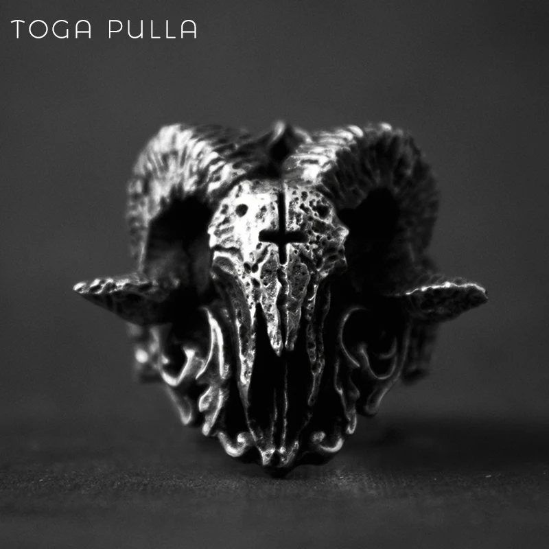 Vintage Punk Gothic Sorath Skull Ring Men Stainless Steel Satanic Demon Ring Cool Male Baphomet Goat Head Pagan Ring Jewelry