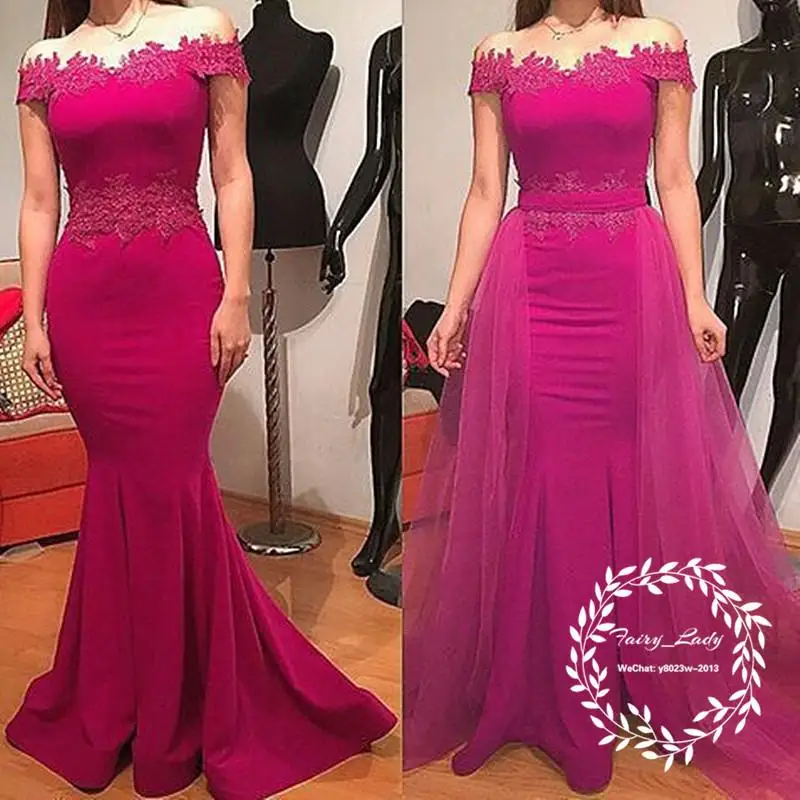 Vrouwen Off Shoulder Fuchsia Kant Applicaties Lange Prom Avondjurken 2018 Lange Mermaid Afneembare Rok Moeder Van De Bruid Jurken