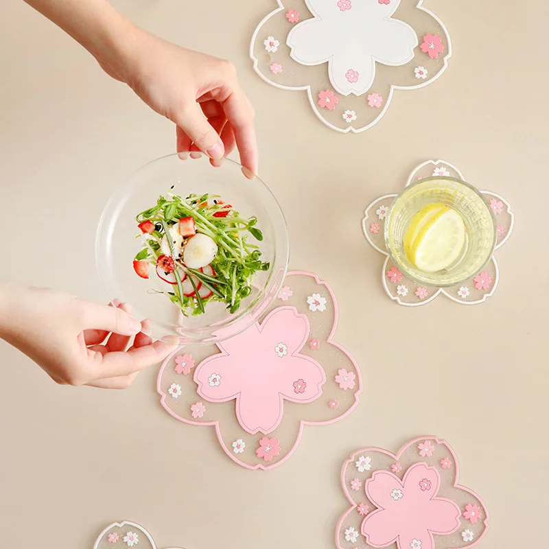 Japan Style Cherry Blossom Silicone Coaster Dining Coffee Table Cup Mat Heat-resistant Pad Anti-slip Placemat Kitchen Accessory