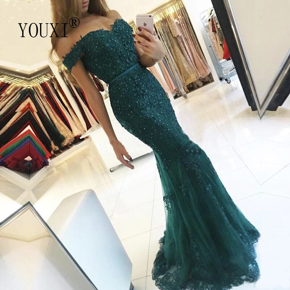 Sexy Off Shoulder Lange Avondjurk Mermaid 2019 Teal Tulle Lace Geappliceerd Kralen Formele Robe De Soiree Longue