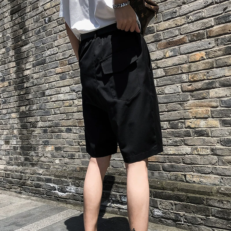 Original design tide brand casual shorts men's small trousers dark black  style drape loose straight five-point trousers