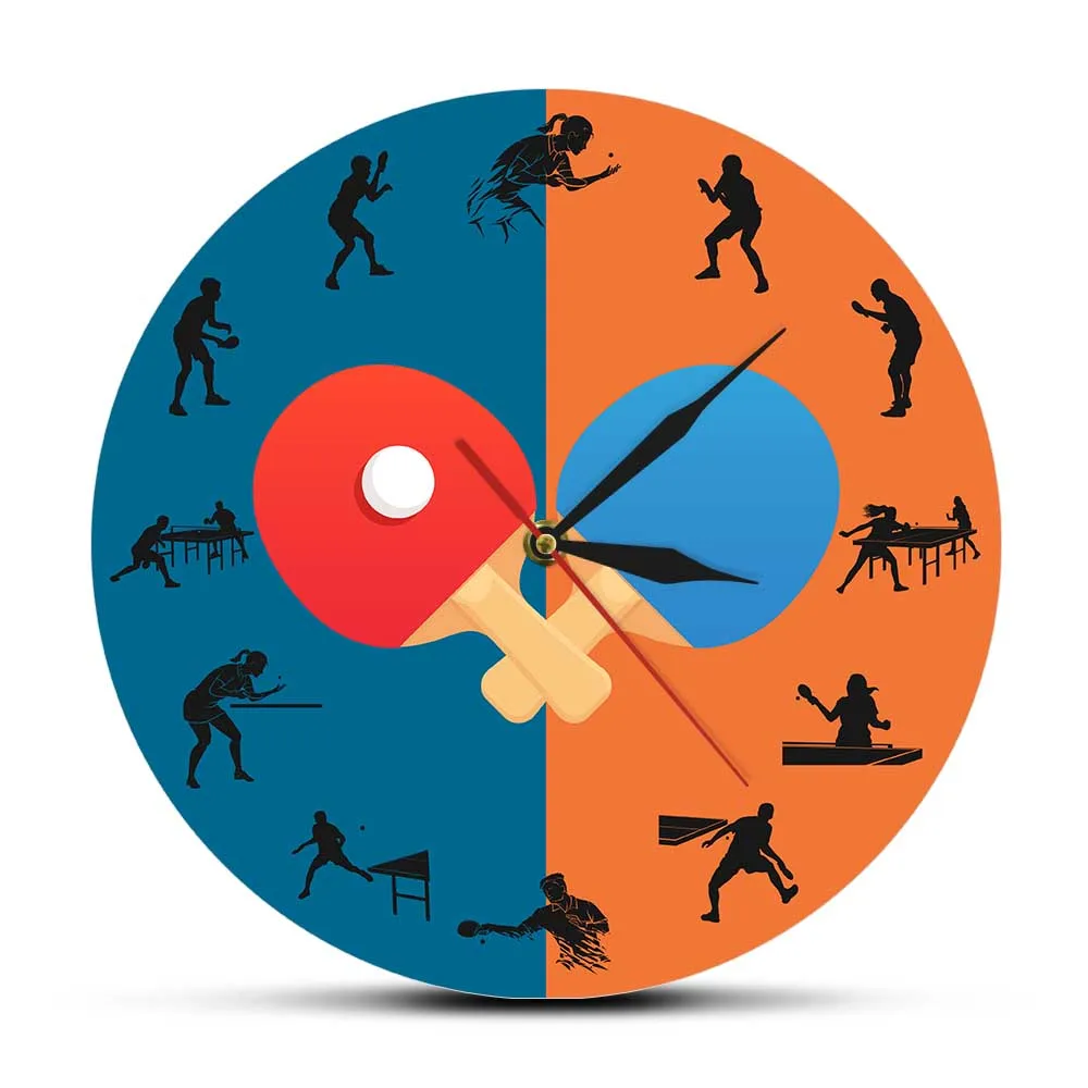 

Pingpong Game Player Silhouette Printed Wall Clock Sports Home Décor Table Tennis Bat Silent Swept Wall Watch Pingpong Fans Gift