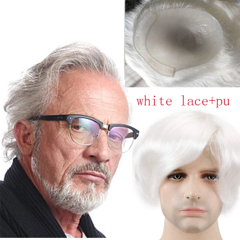 Eseewigs-tupé de encaje francés y PU para hombre, reemplazo de cabello humano Real europeo, postizo de Color blanco, duradero y transpirable