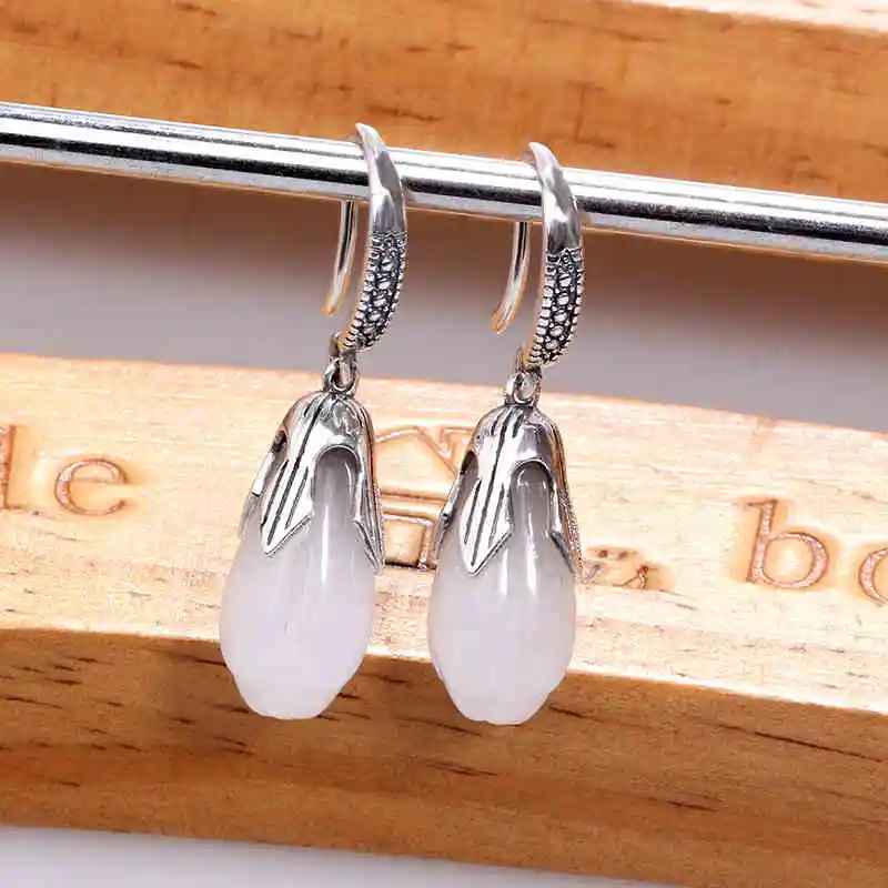 

ZHJIASHUN Vintage 100% 925 Sterling Silver Natural Nephrite Jade Earrings For Women Retro Gemstones Earring Jewelry