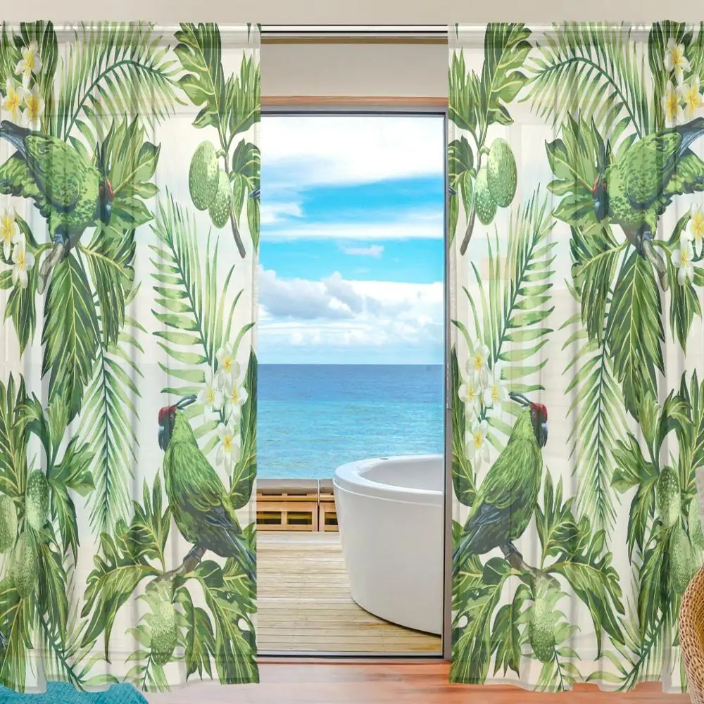 Tropical Leaf with Bird Pattern Sheer Curtains Polyester Fabric Tulle Voile Curtain For Bedroom Window Blind Screening Curtain