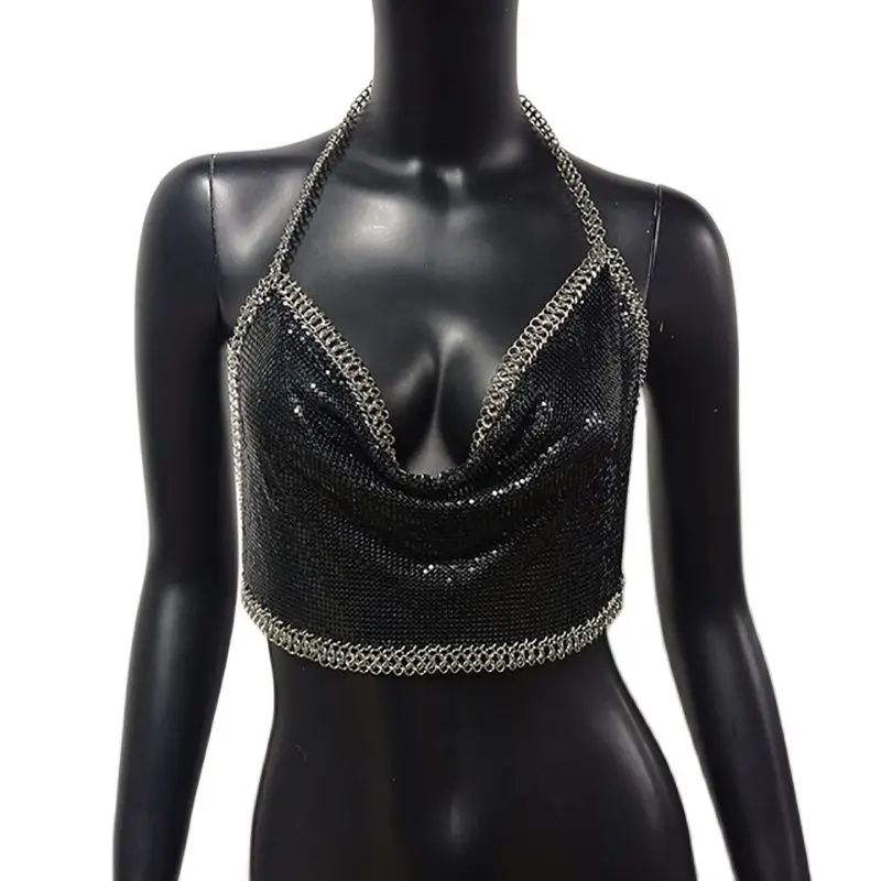 Złoto srebro błyszczące kryształ Rhinestone zbiornika Top z pasków głęboki dekolt Sexy Backless bluzki bez rękawów kobiety moda Clubwear topy