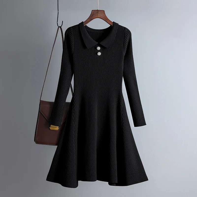 Diamond Autumn Winter thick Sweater Dress Women A Line peter pan collar mini Dress female girl Knit short bodycon Knit dress