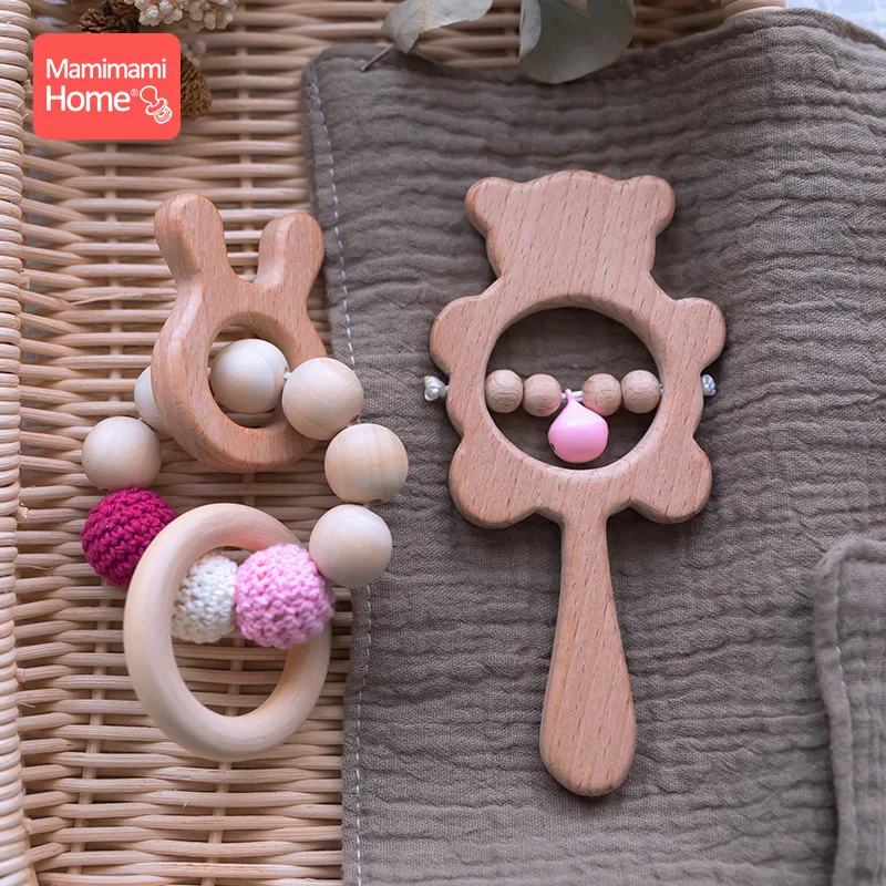 1Set Baby Toys Music Rattle Wood Crochet Bead Bracelet Wooden Rodent Chew Play Gym Montessori Baby Teether Products Newborn Gift