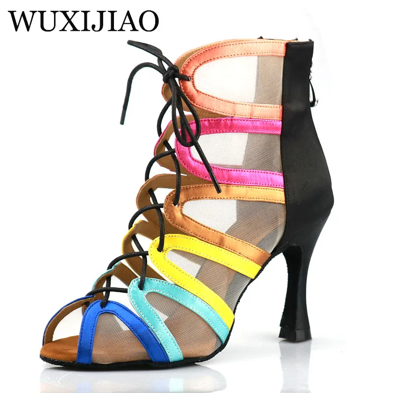 WUXIJIAO Ladies black mesh suede fashion cross strap sexy high heel sandals comfortable latin dance shoes salsa shoes