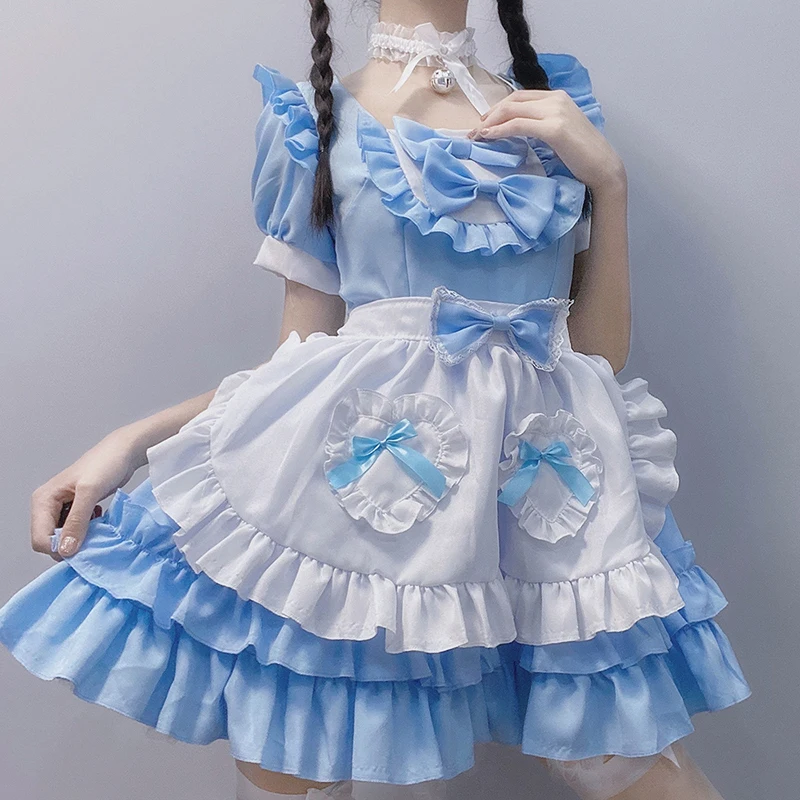 

Japanese Anime Sweet Kawaii Sissy Maid Dress Outfit Plus Size Short Sleeve Sky Blue Halloween Lolita Fancy Apron Maid Dress Cos