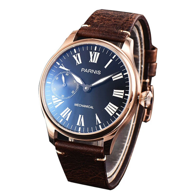 

Parnis Hand Winding Men Wristwatch 44mm Rose Gold Case Mechanical Movement Leather Strap relogio masculino