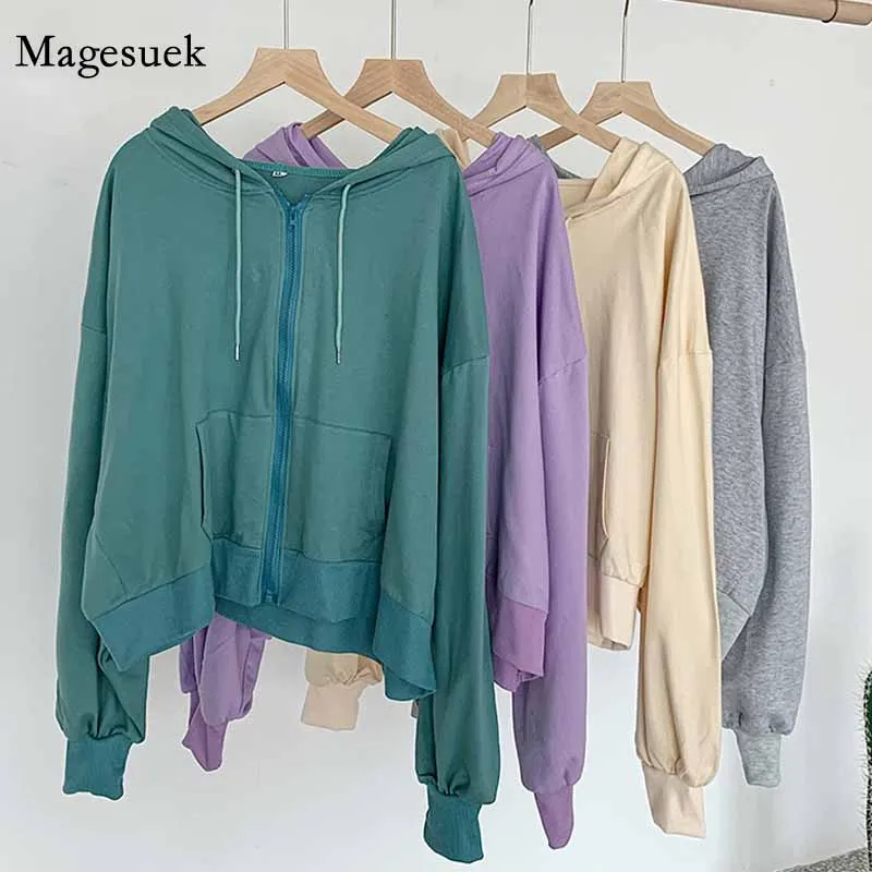 

Long Sleeve Loose Drawstring Sweatshirt Solid Casual Pockets Zip Tops Cotton 2020 Autumn New Korean Lazy Style Hoodies 11758