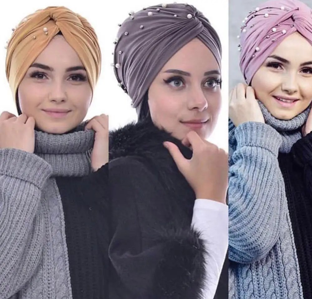 

Muslim Women Twist Knot Beads Hijab Inner Hat Chemo Caps Turban India Hair Loss Bonnet Cancer Femme Beanies Head Wrap Turbantes