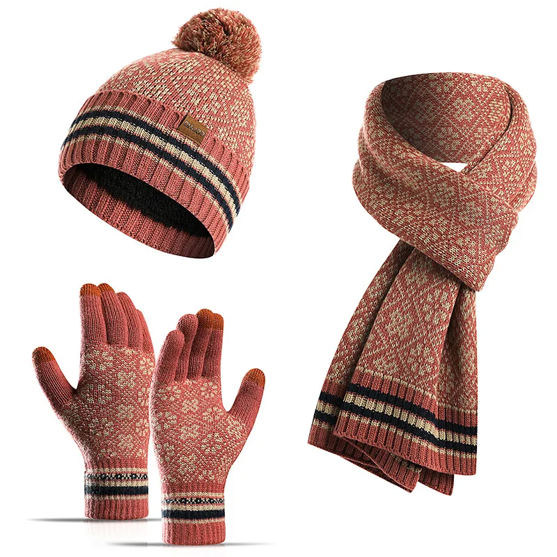 3Pcs Warm Hat And Scarf Gloves Set For Woman Casual Winter Wool Hairball Hat Gloves Women Touch Screen Unisex Christmas Gift