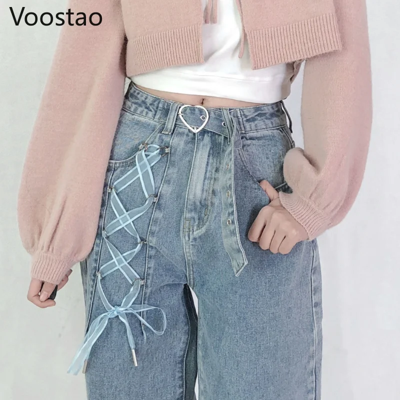 Sweet High Waist Jeans Women Chic Bandage Straight Denim Pants Gothic Streetwear Loose Trousers Female Wide Leg Jeans With Belt