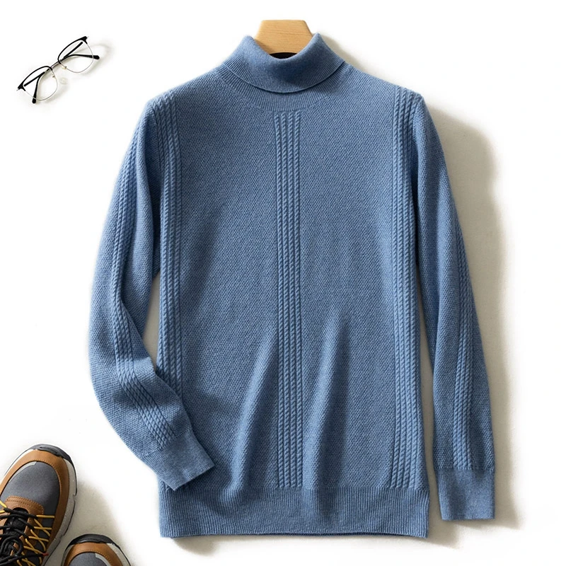 High Lapel Twist Pattern 100% Cashmere Knitted Sweaters New Fashion Autumn/Winter Men Jumpers Warm 5Colors Male Tops