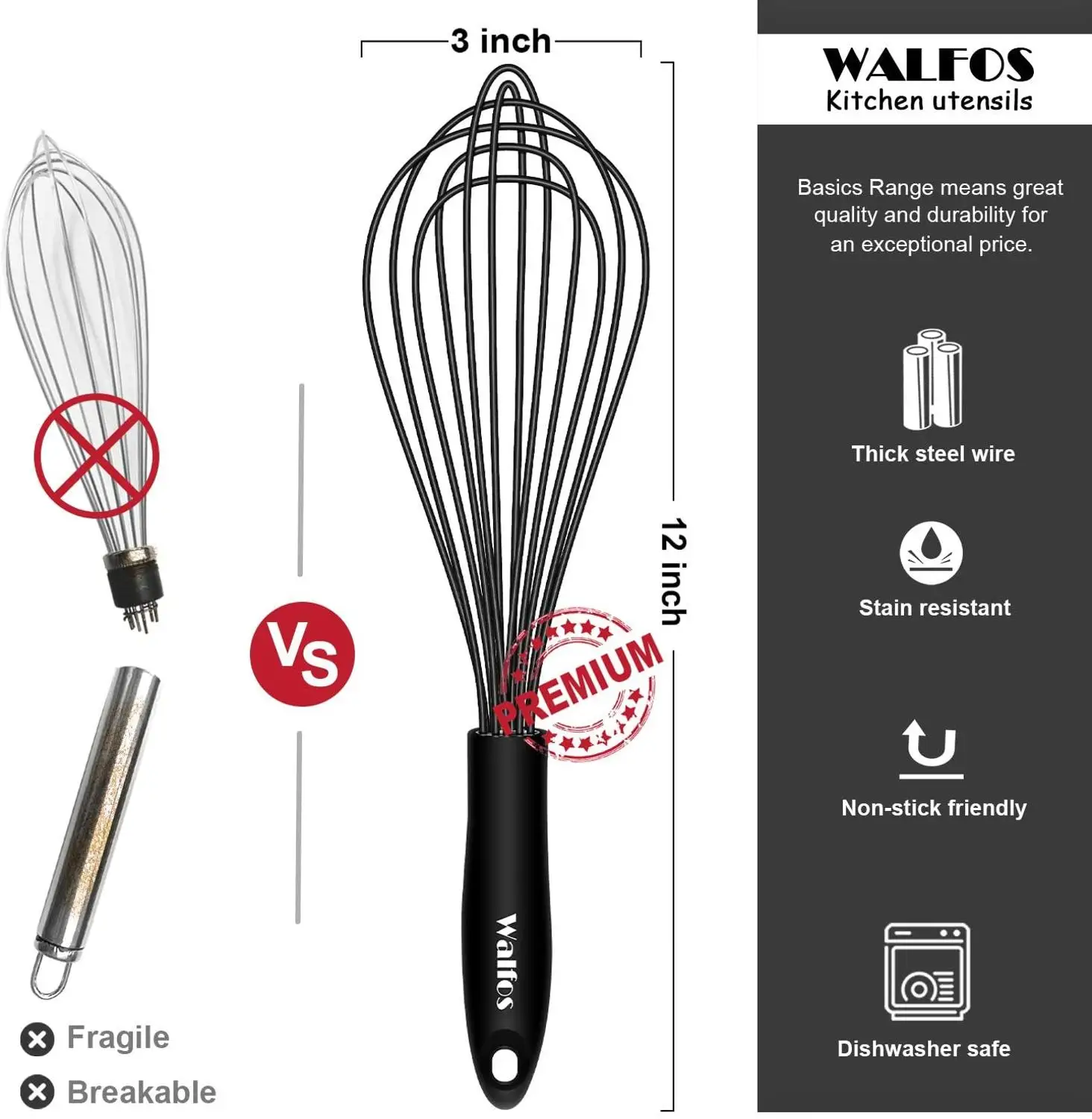 Walfos Silicone Whisk Stainless Steel Wire Whisk - Heat Resistant Kitchen Whisks For Non-Stick Egg Foamer Stirrer Kitchen Tool