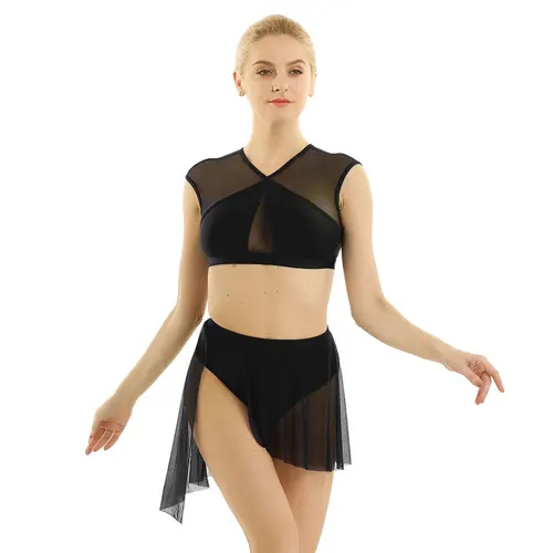 Imagen 2 del producto Leotardo de Ballet Sexy para mujer, vestido de baile lírico, vestido de danza contemporánea asimétrico para adultos, Tops cortos entrecruzados con falda
