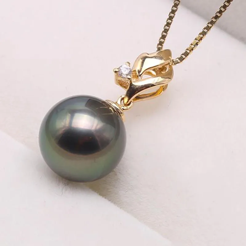 

14K Gold 9.5mm Peacock Green Tahiti Pendant Necklace with Diamonds 18" Selected South Sea Cultured Pearl AAA Jewelry Gold