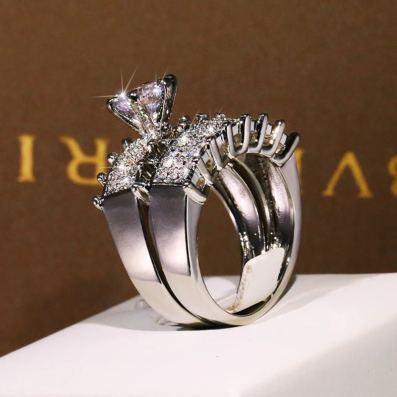 2021 الاتجاه الجديد أنيقة كريستال الجولة الزركون 2 قطعة حلقة مجموعة S925 فضي اللون المشاركة مجوهرات الزفاف للنساء بالجملة #2