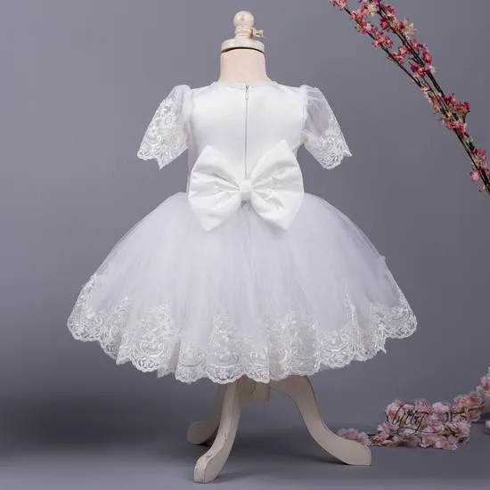 Vestido blanco de encaje de tul hasta la rodilla para niña, vestido de bautizo para niña, vestido de fiesta de princesa para niña, vestido de flores