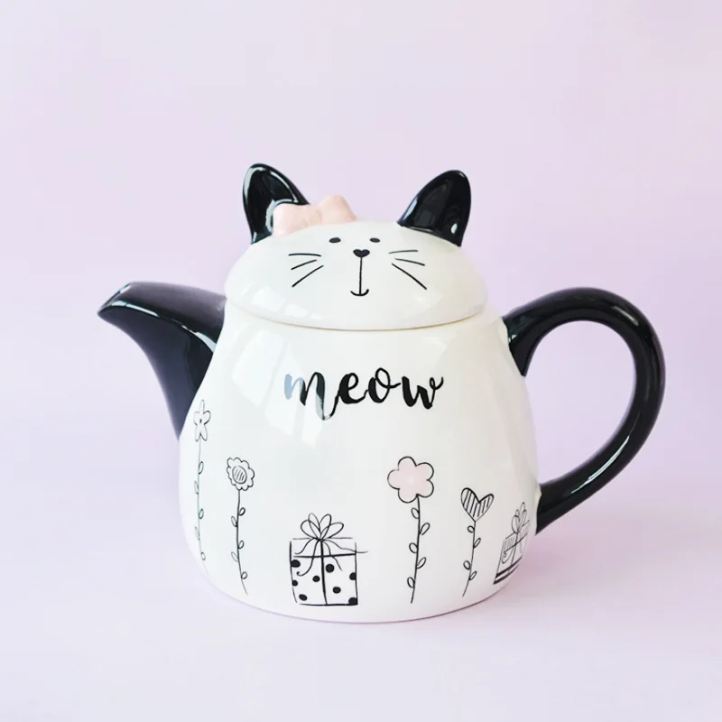 France romantic cute cat cartoon European and American black and white ceramic teapot gift home tea set decoration.