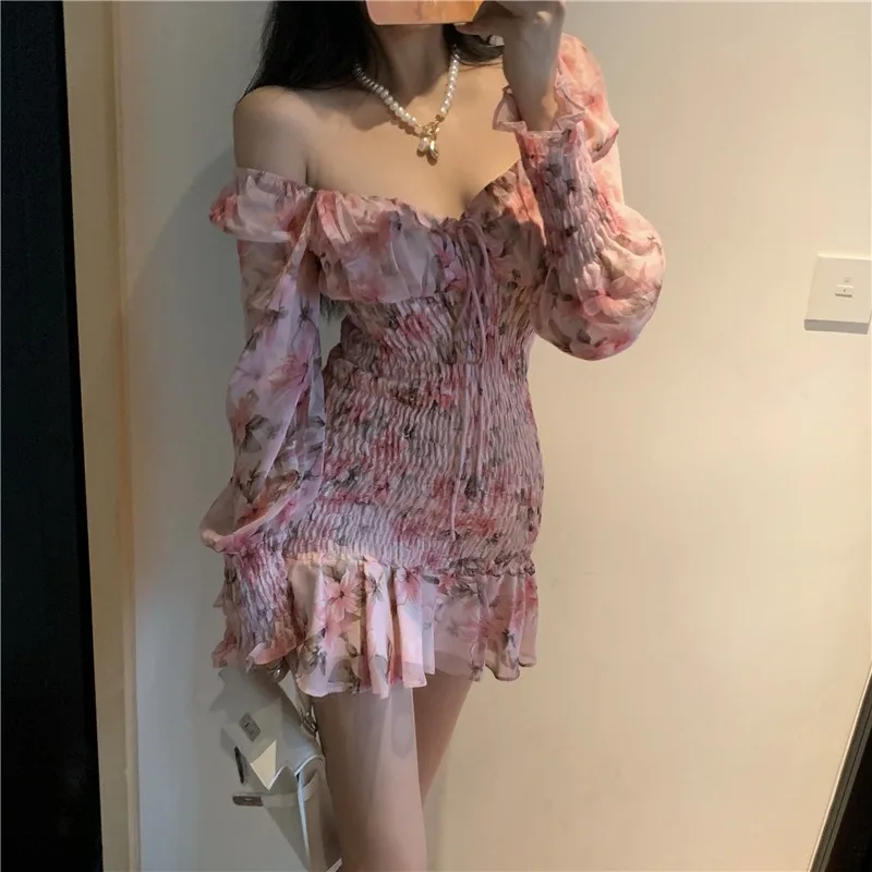 

Vintage Square Collar Chiffon Floral Mermaid Dress For Women Fashion Long Sleeve High Waist Ruffles Wrap Short Dress