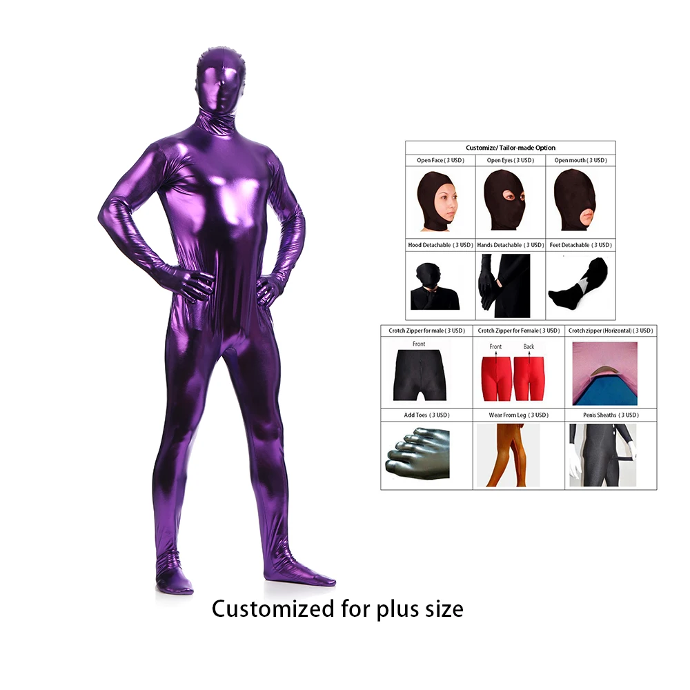 2021 Miễn Phí Vận Chuyển Bodysuit Bóng Sáng Tím Nam Unitard Catsuits Kim Loại Chân Dây Kéo Zentai Bodysuit Có Thể Tùy Chỉnh