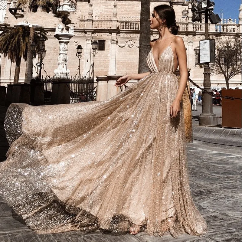 Sexy Glanzend Goud Arabische Dubai Avondjurken 2021 A-lijn Sequin Bandjes Prom Party Gown V-hals Backless Vestido De Fiesta