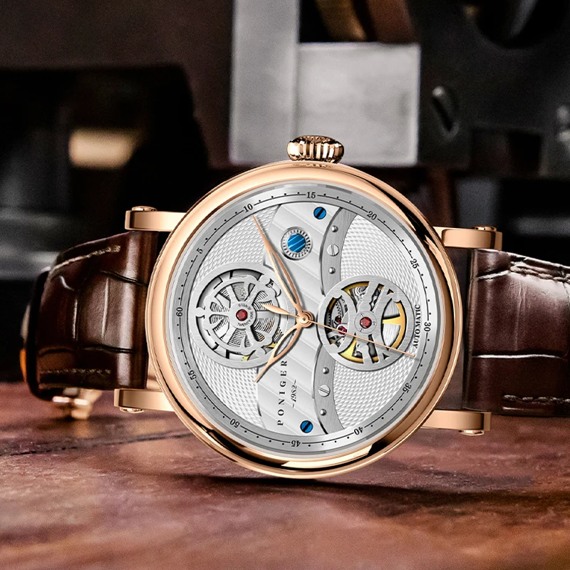 PONIGER الفاخرة حزام من الجلد الطبيعي الرجال ساعة اليد الهيكل العظمي التلقائي ساعة ميكانيكية الياقوت الزجاج مقاوم للماء 50 متر ساعة رجالية
