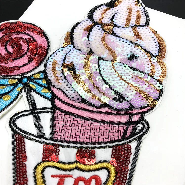 1Pc New Sequin Ice Cream Large DIY Patch Back Adhesive Embroidery Cloth Jacket Sweater Garnish